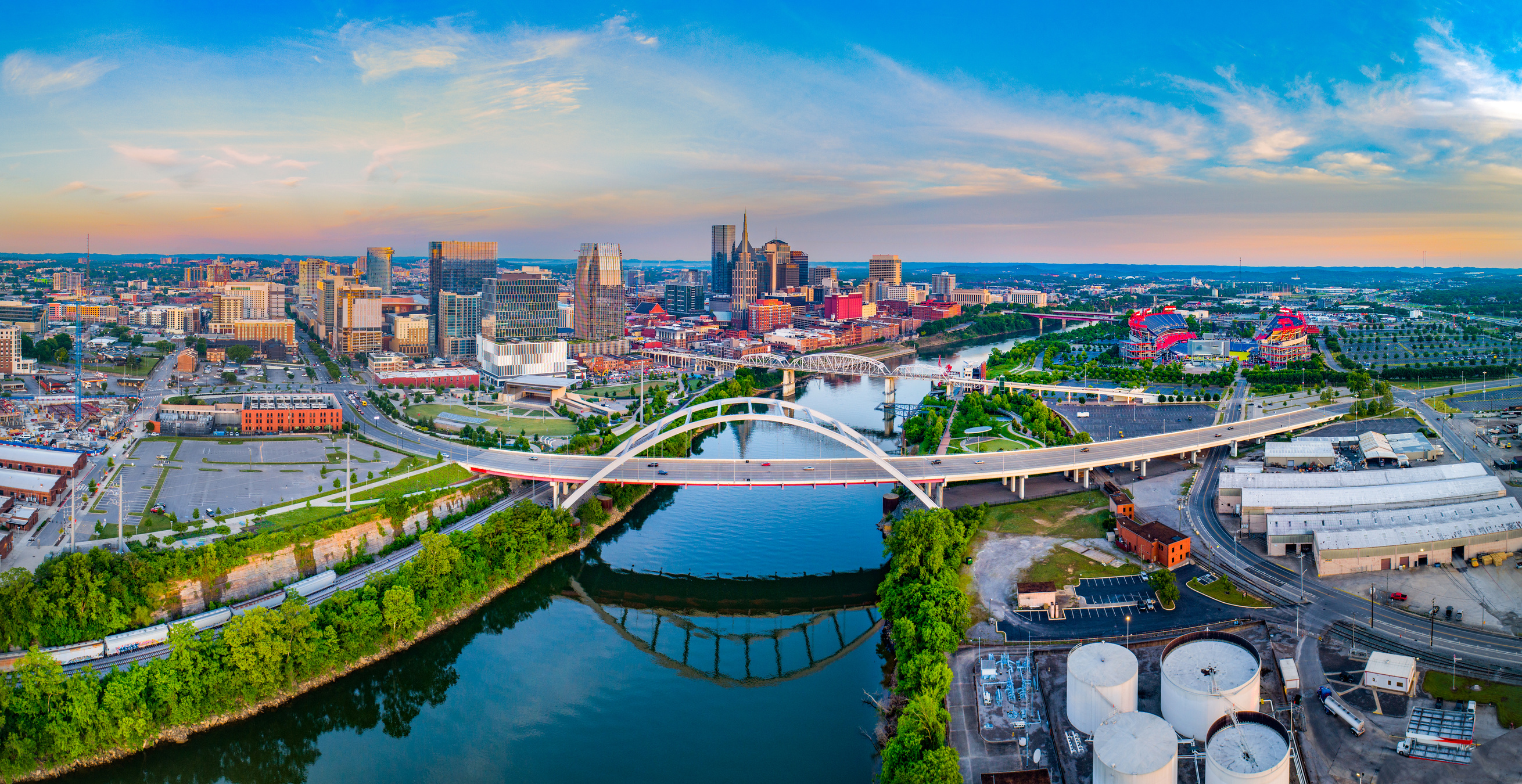 Nashville Tennessee TN Drone Skyline Aerial Panorama along the Cumberland River